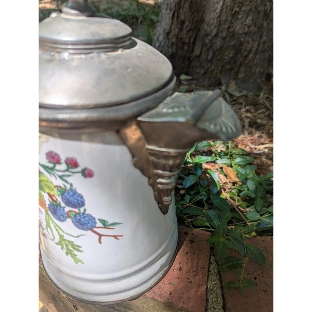 Antique Manning Bowman Blackberry Enamel Pewter Graniteware Coffee Pot 19th C